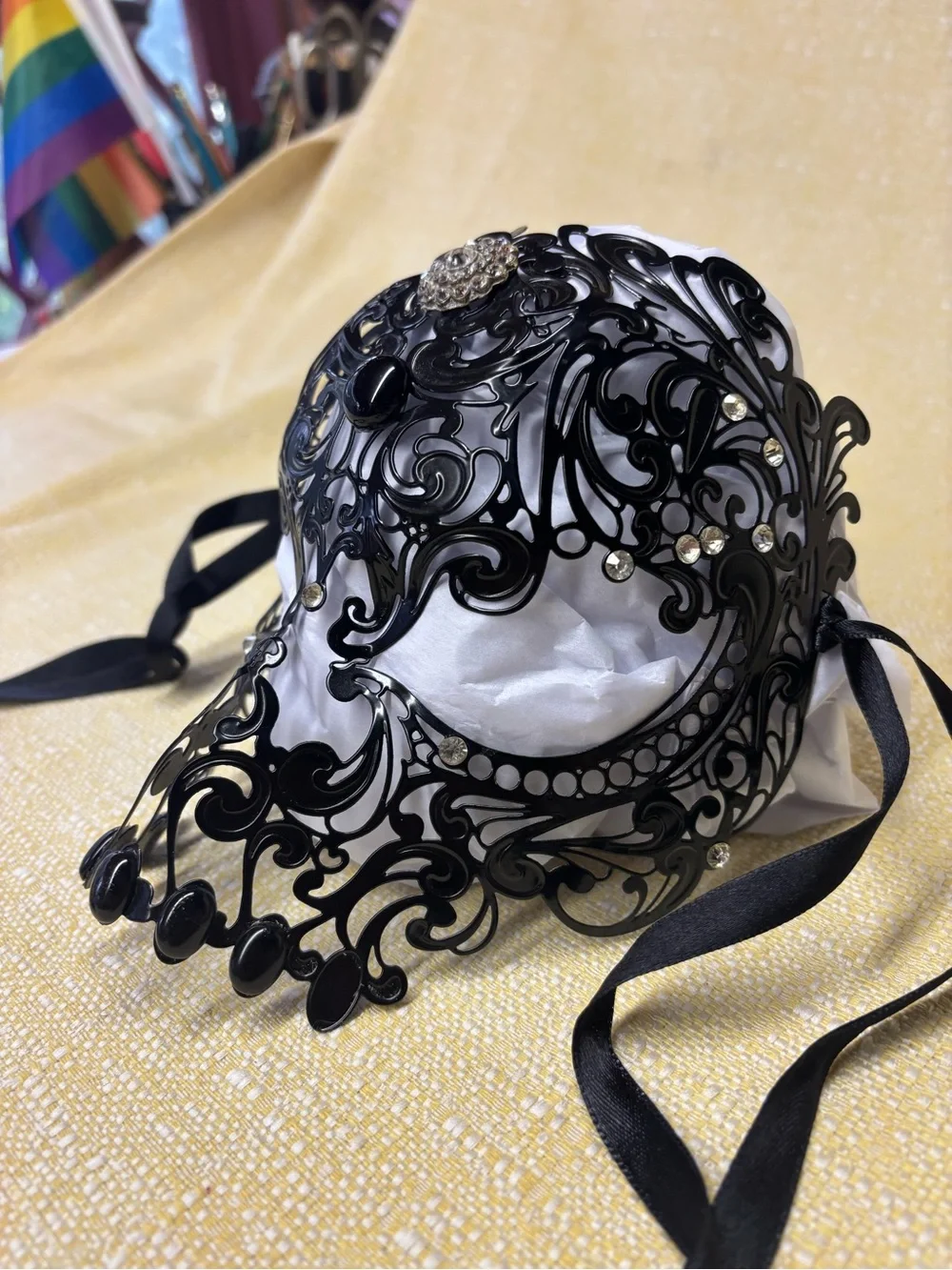 Ornate Black Filigree Rhinestone Masquerade Mask